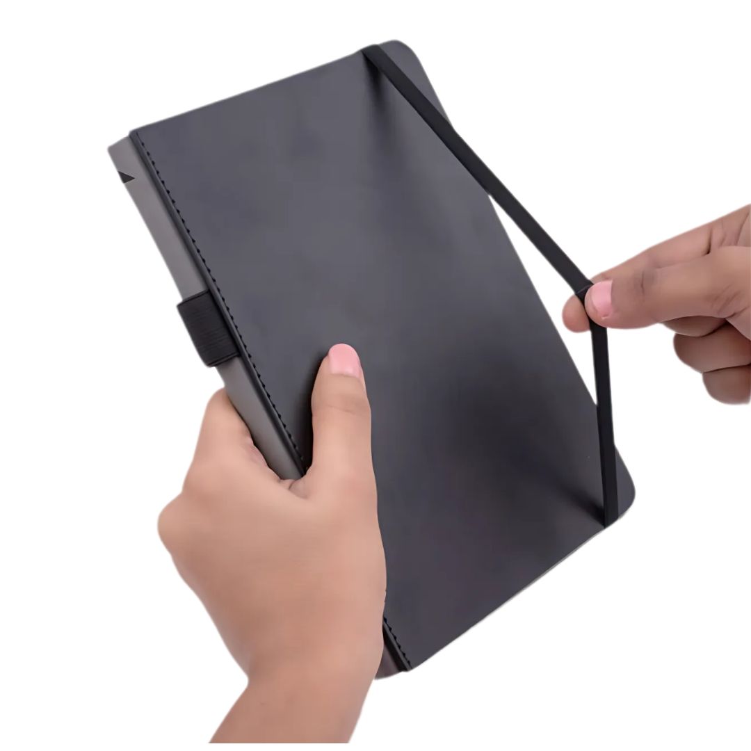Alpha A5 notebook with elastic band fastener in hand