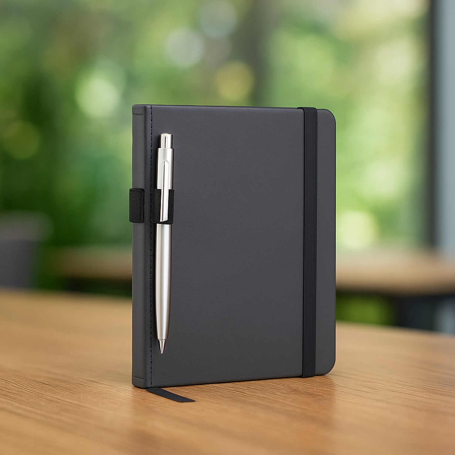 Lifestyle shot of Alpha A5 notebook with pen on wooden desk