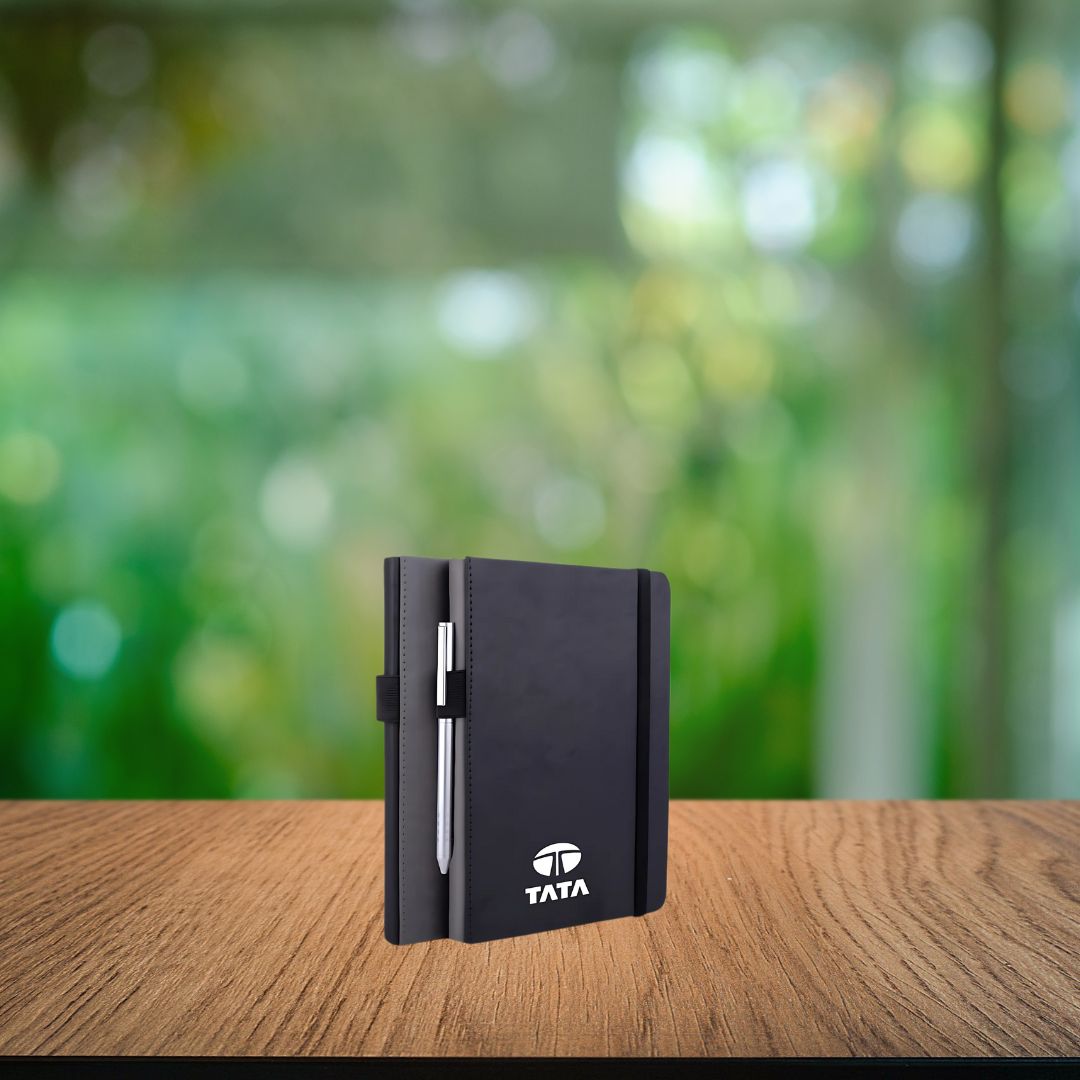 Alpha A5 notebook with two-tone stitched cover and pen slot