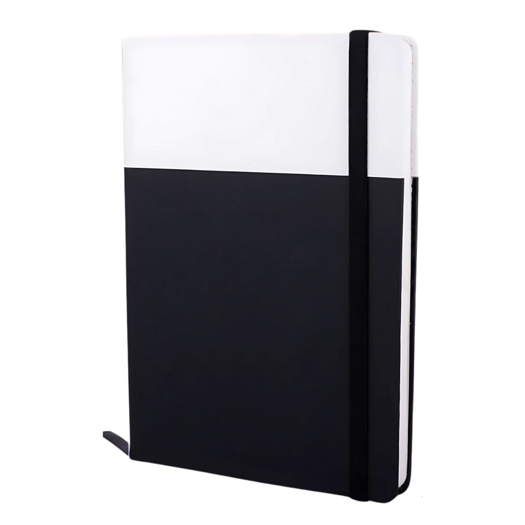Customizable two tone A5 notebook with logo branding and elastic fastener