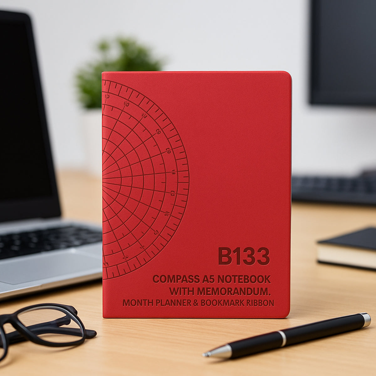 Red A5 notebook with compass design and customizable logo engraving