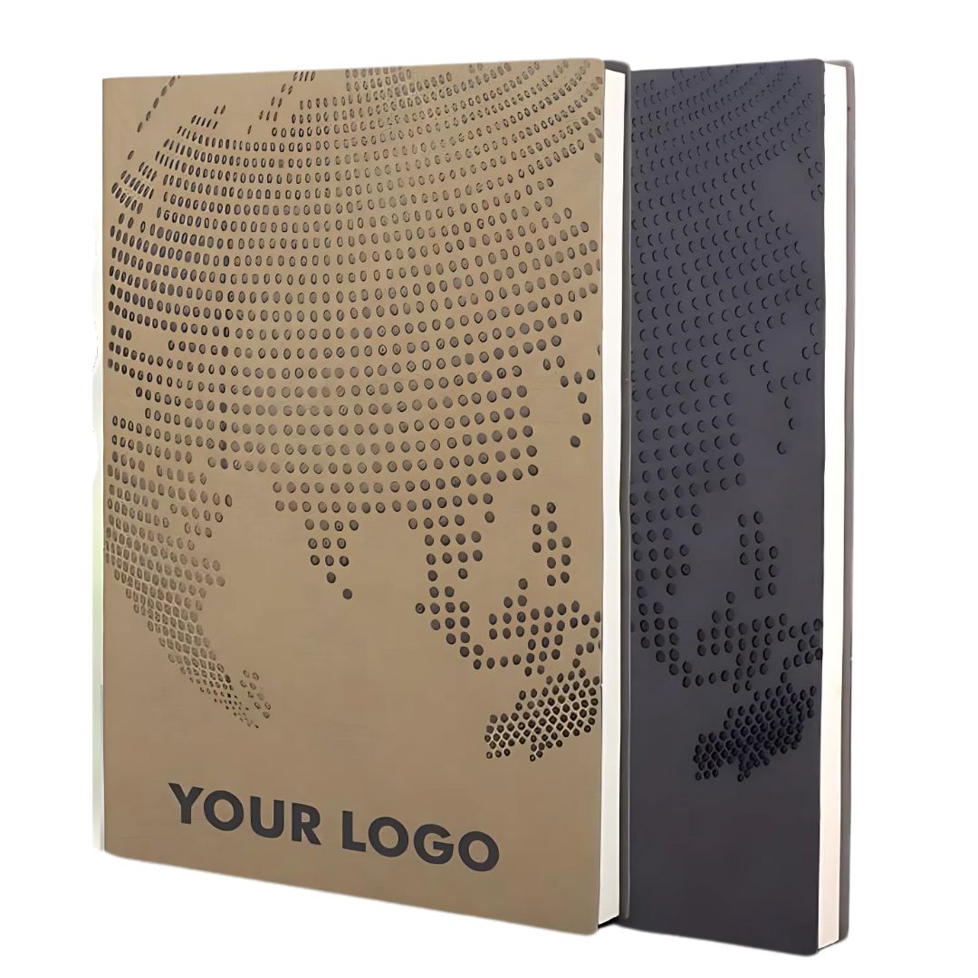 Globe texture A5 PU notebook with planner and ribbon bookmark – front view
