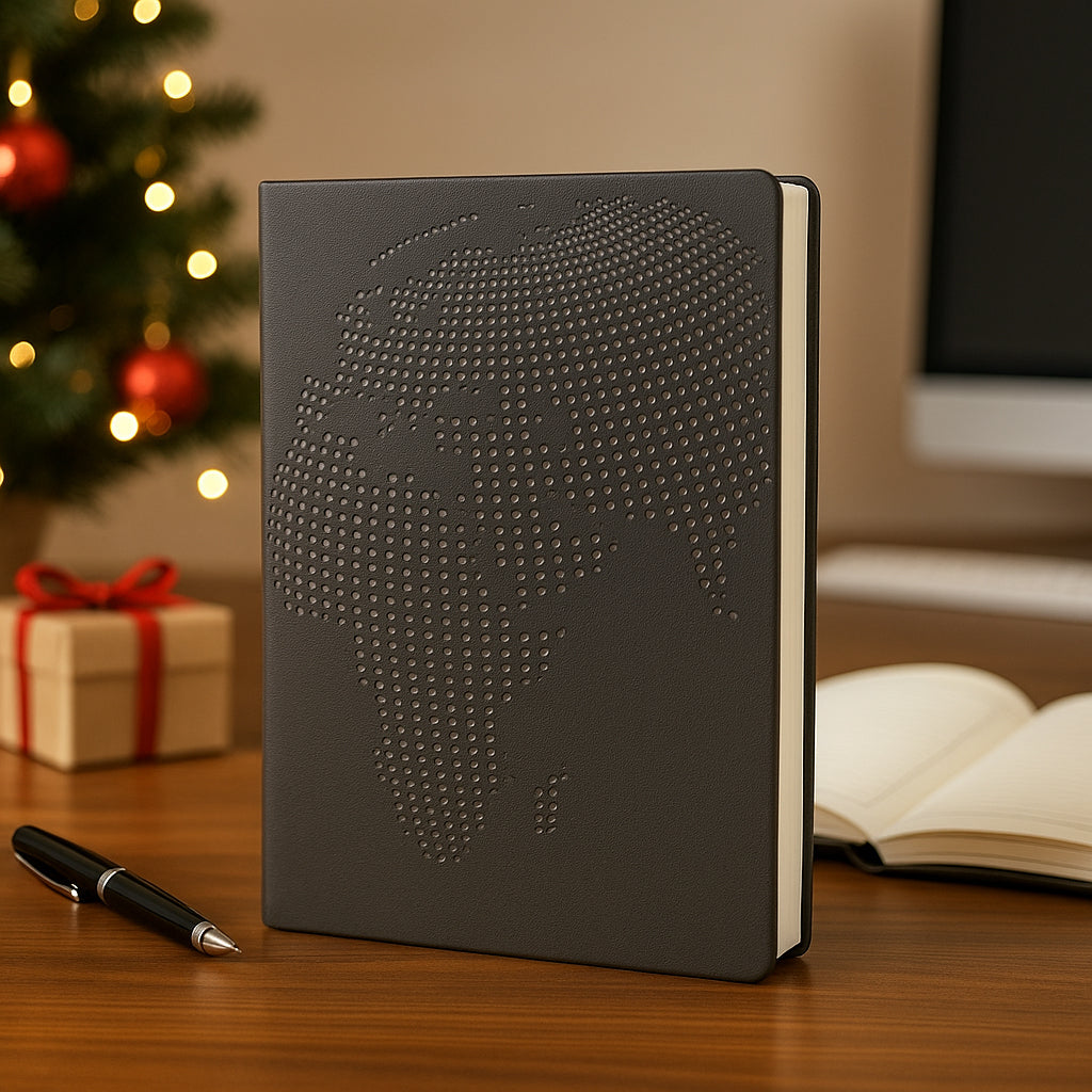 Globe texture A5 PU notebook with planner and ribbon bookmark – front view