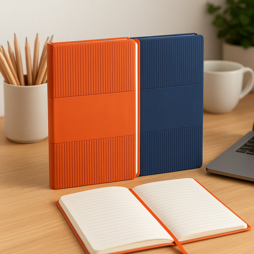 Premium PU A6 notebook with double strip design in blue and orange