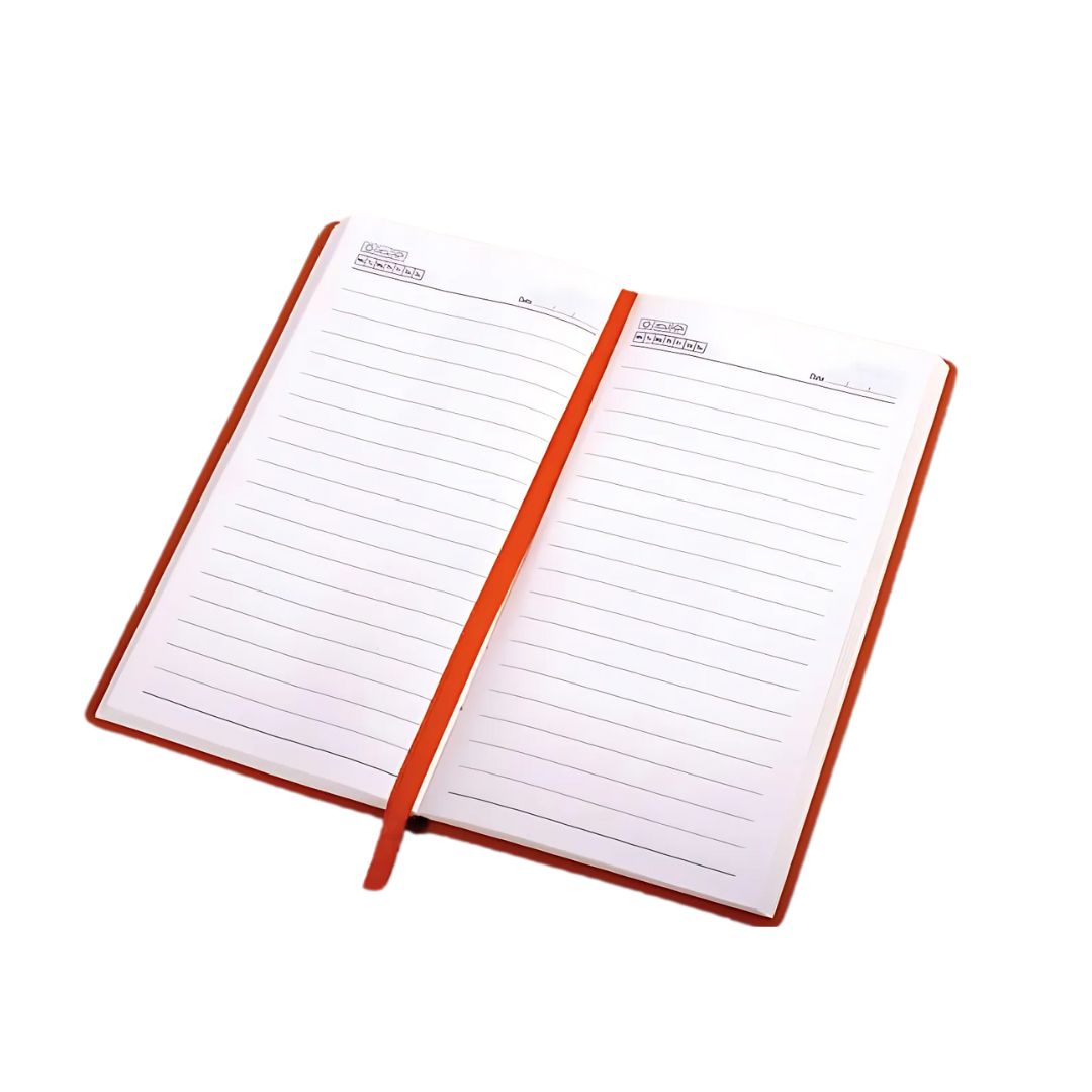 Premium PU A6 notebook with double strip design in blue and orange
