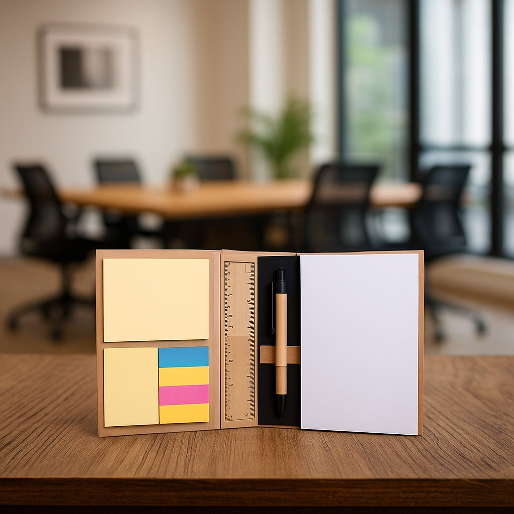 Eco-friendly notebook set open view with pen, ruler, and sticky notes