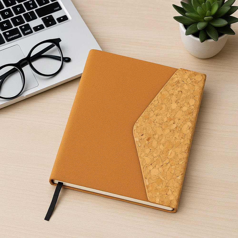 Eco-friendly cork magnetic envelope style notebook with recycled pages, sustainable office stationery gift