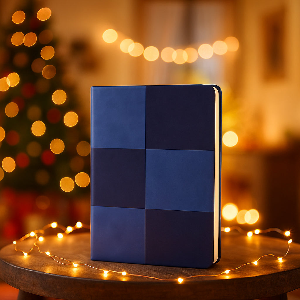 Checkered 2 tone blue notebook with bookmark ribbon