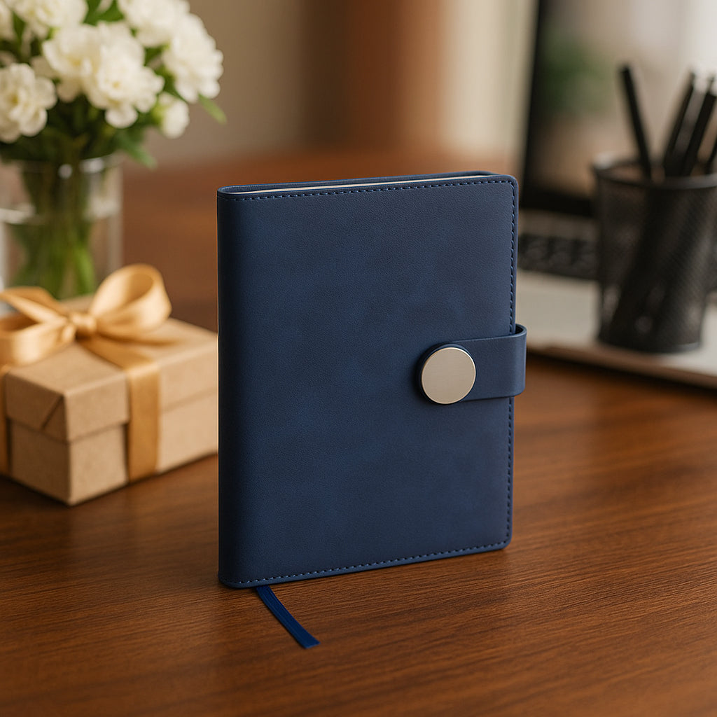 Blue A5 PU notebook with round magnetic flap and bookmark ribbon