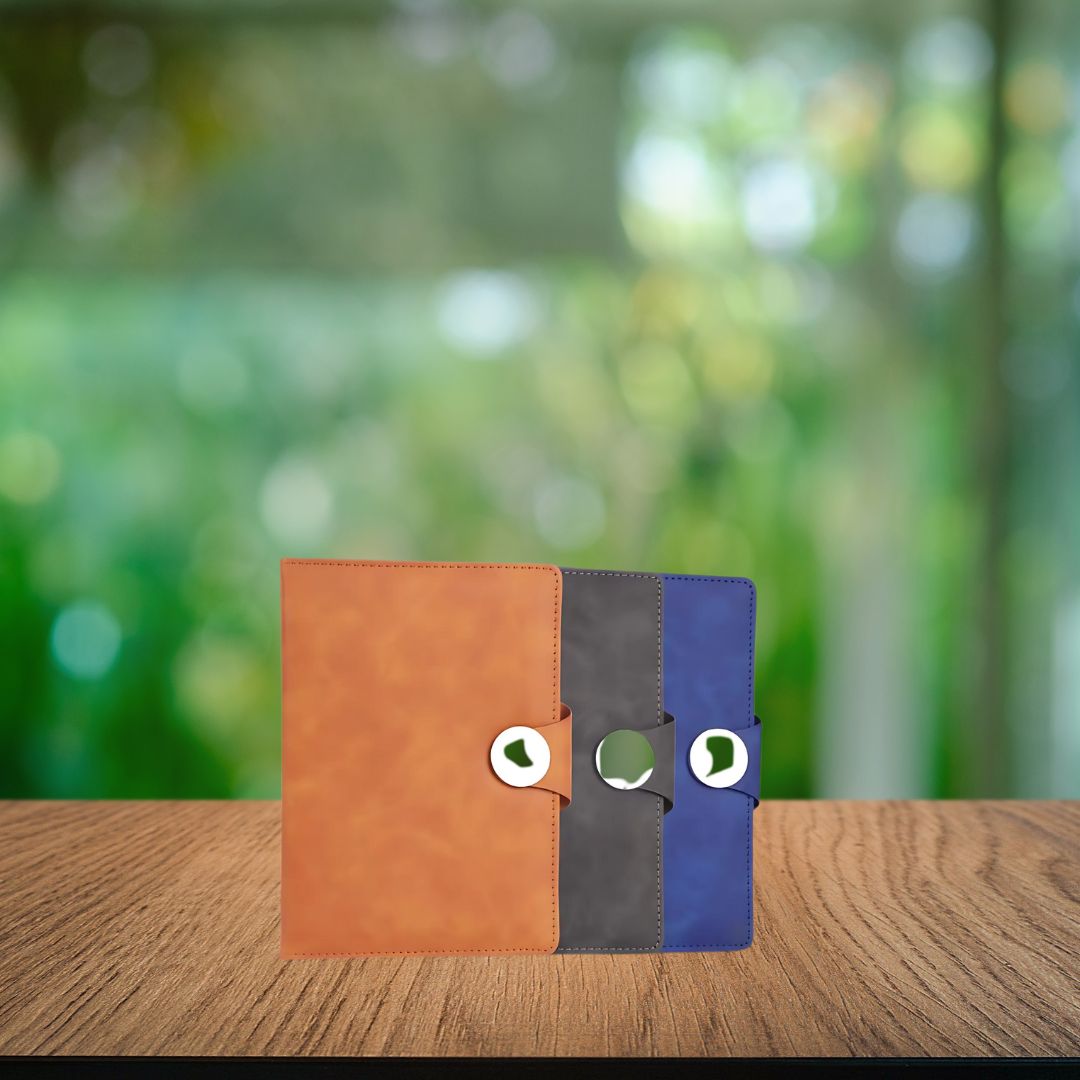 Premium A5 PU notebooks in brown, grey, and blue with magnetic flap