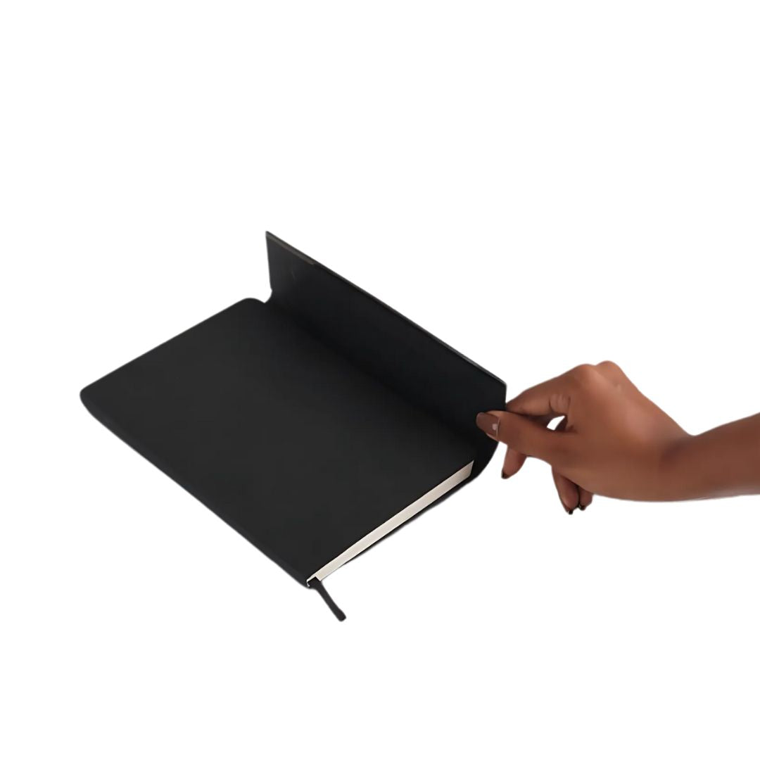 Stealth 3 fold notebook with long metal edge – hand opening view