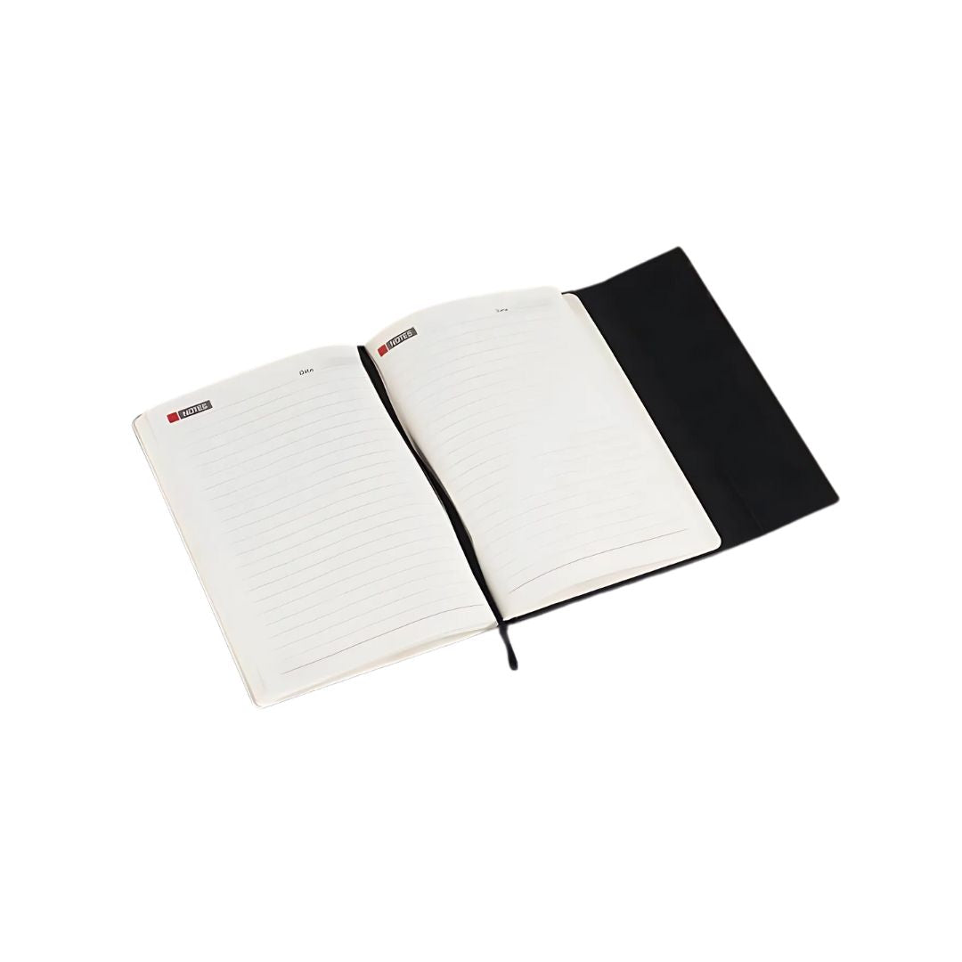 Stealth 3 fold notebook with sleek matte black cover and metal edge