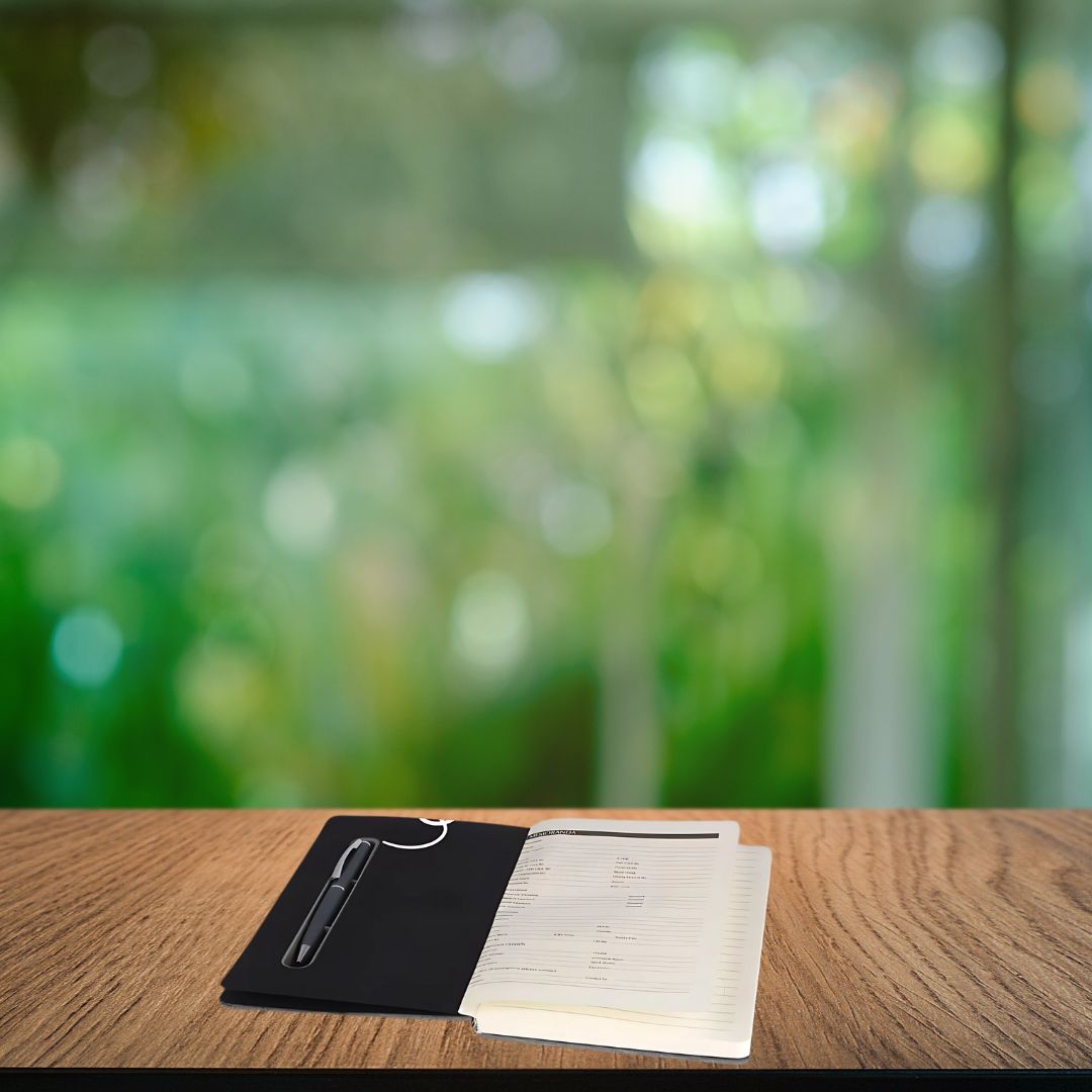 B170 – A5 Notebook with Hard Pen Slot and Folding Cover Phone Stand