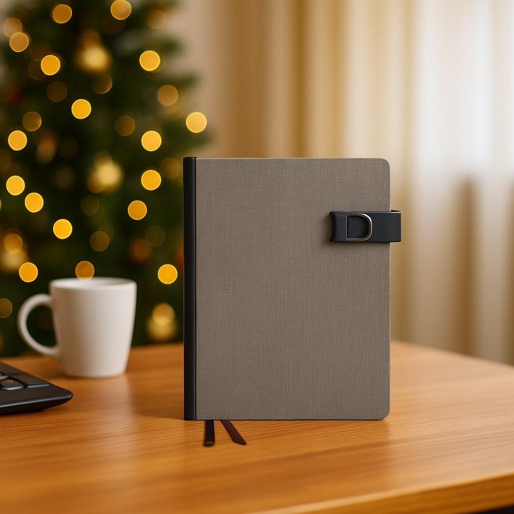 Premium A5 gray two tone notebook with D flap buckle and double bookmark ribbon