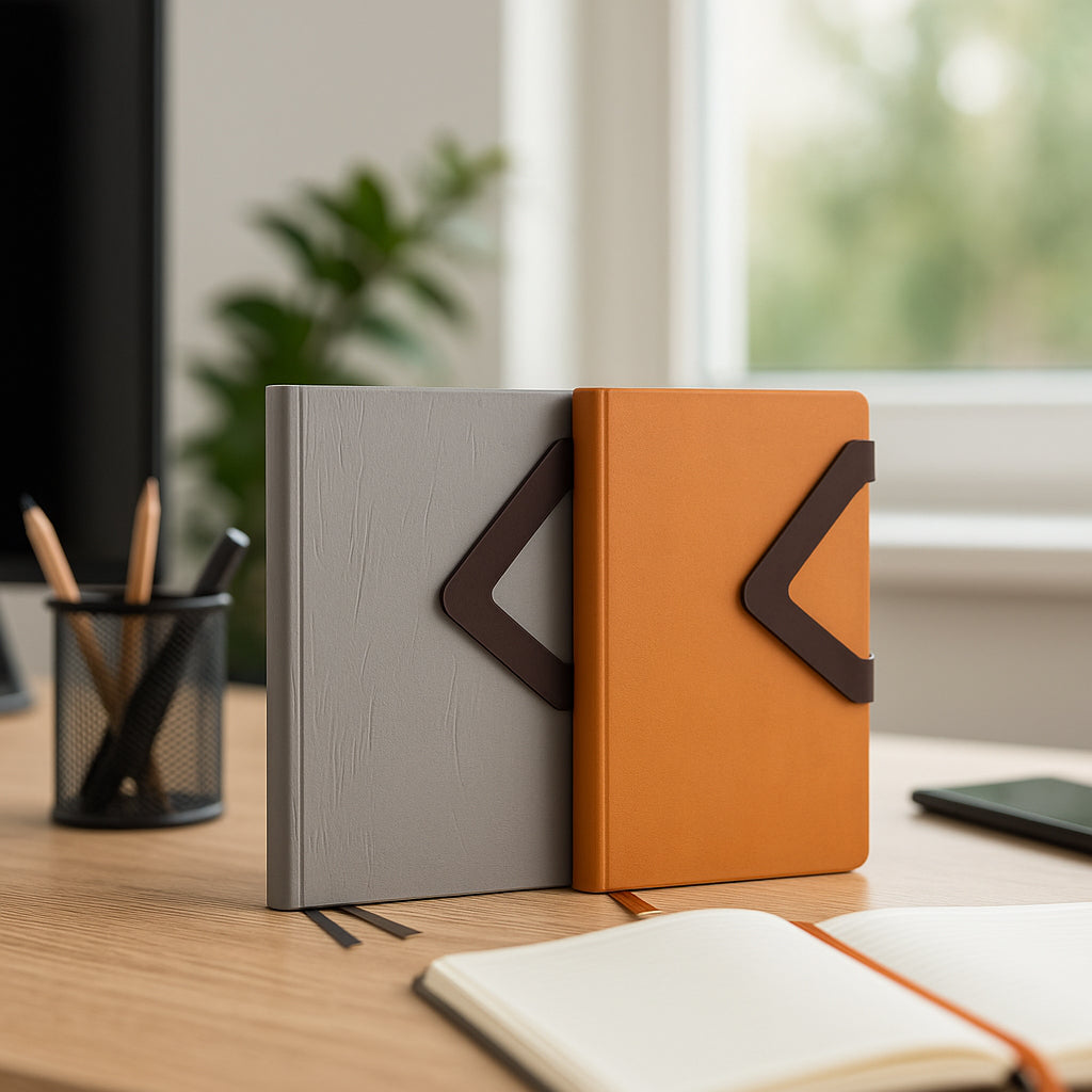 Open Victor A5 notebook with double bookmark ribbon and V-strap closure on wooden desk