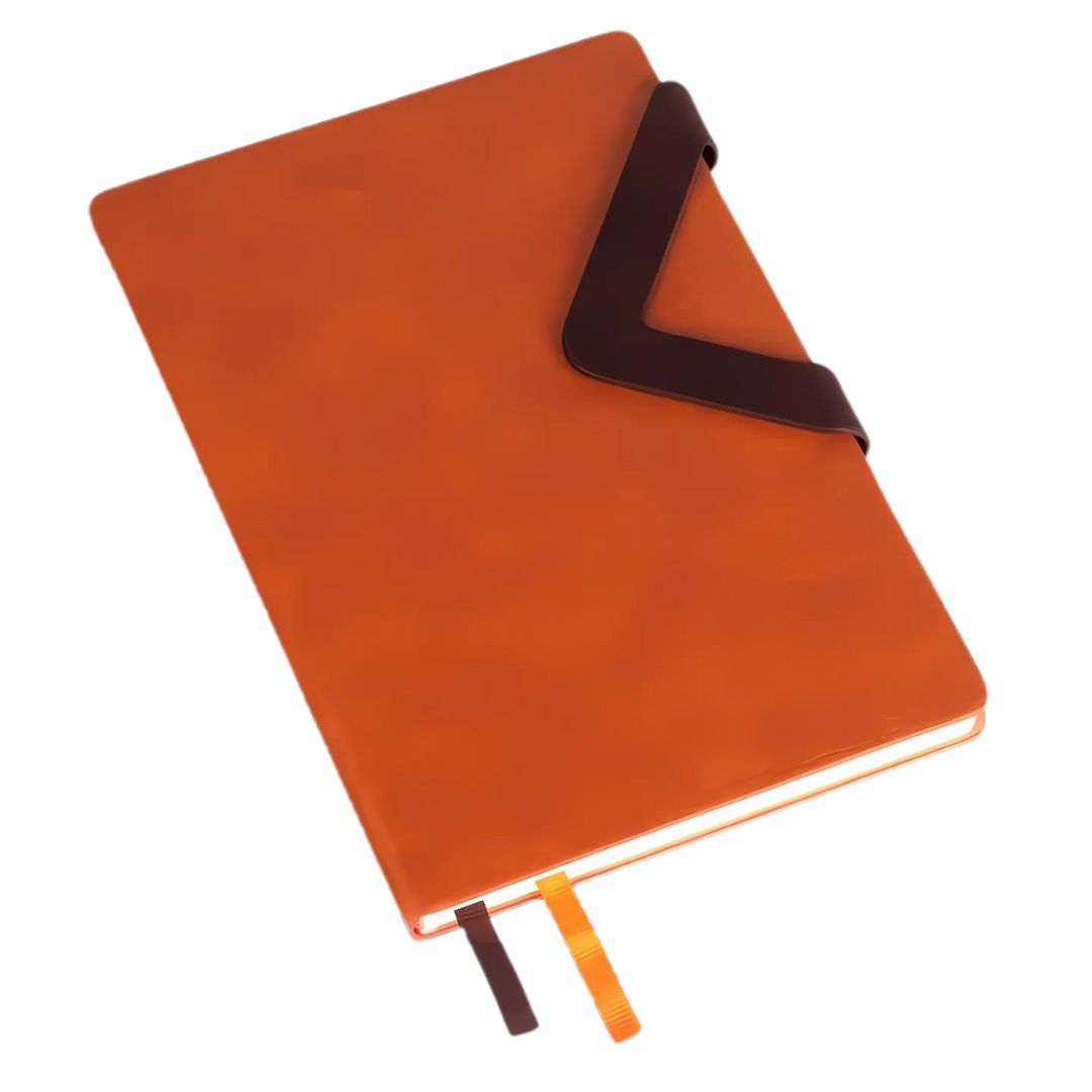 Open Victor A5 notebook with double bookmark ribbon and V-strap closure on wooden desk