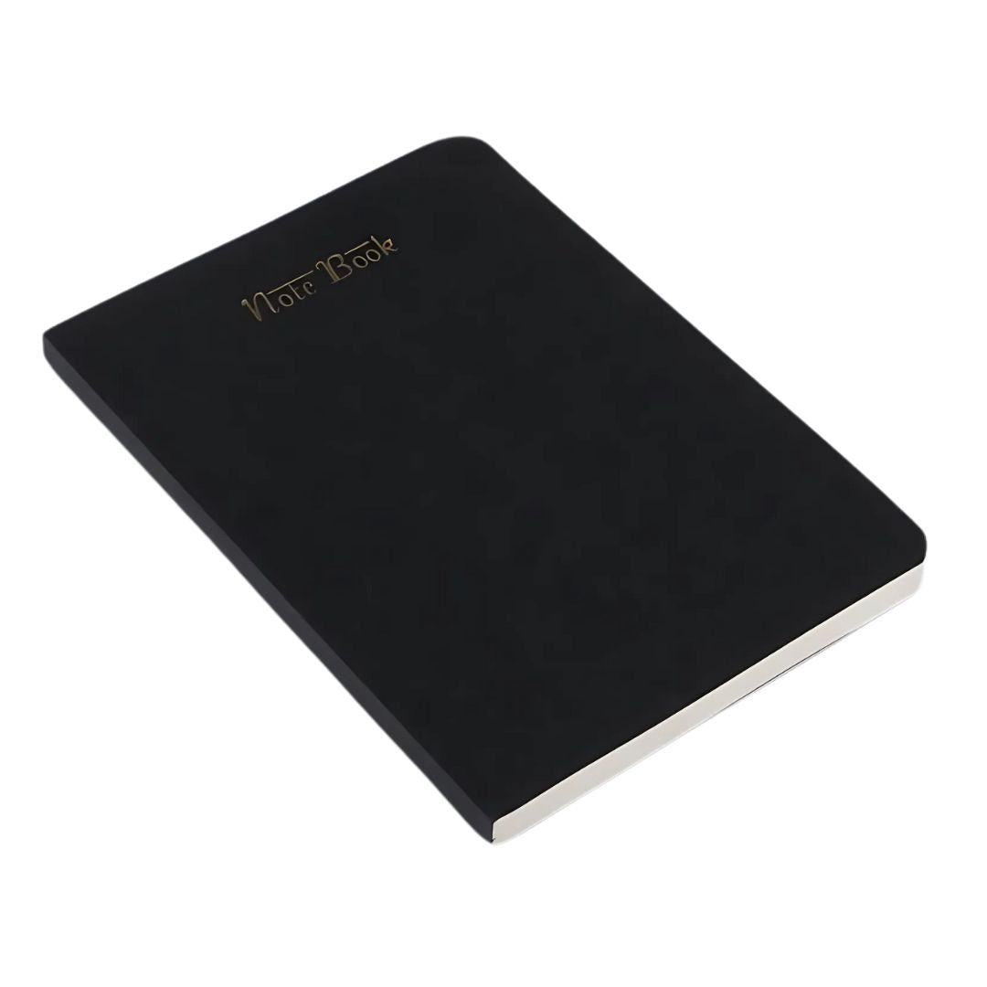 Premium A5 notebook with textured cover, angled view