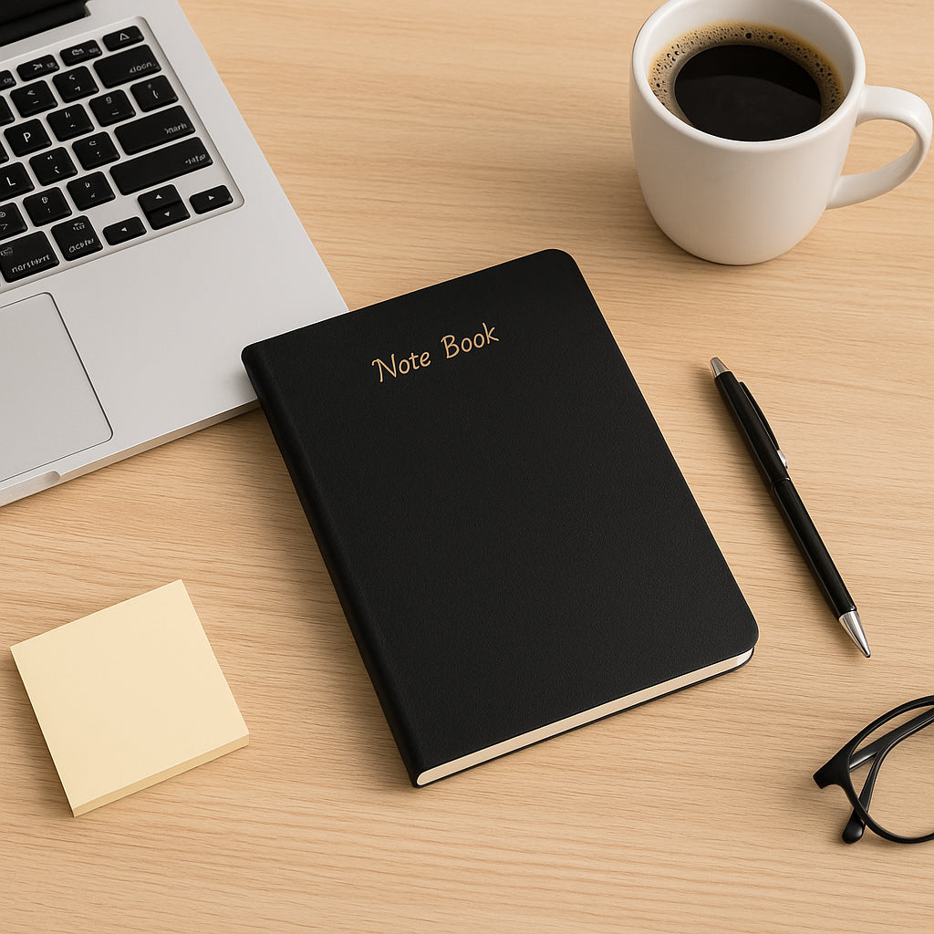 Timeless A5 notebook with textured black cover, front view