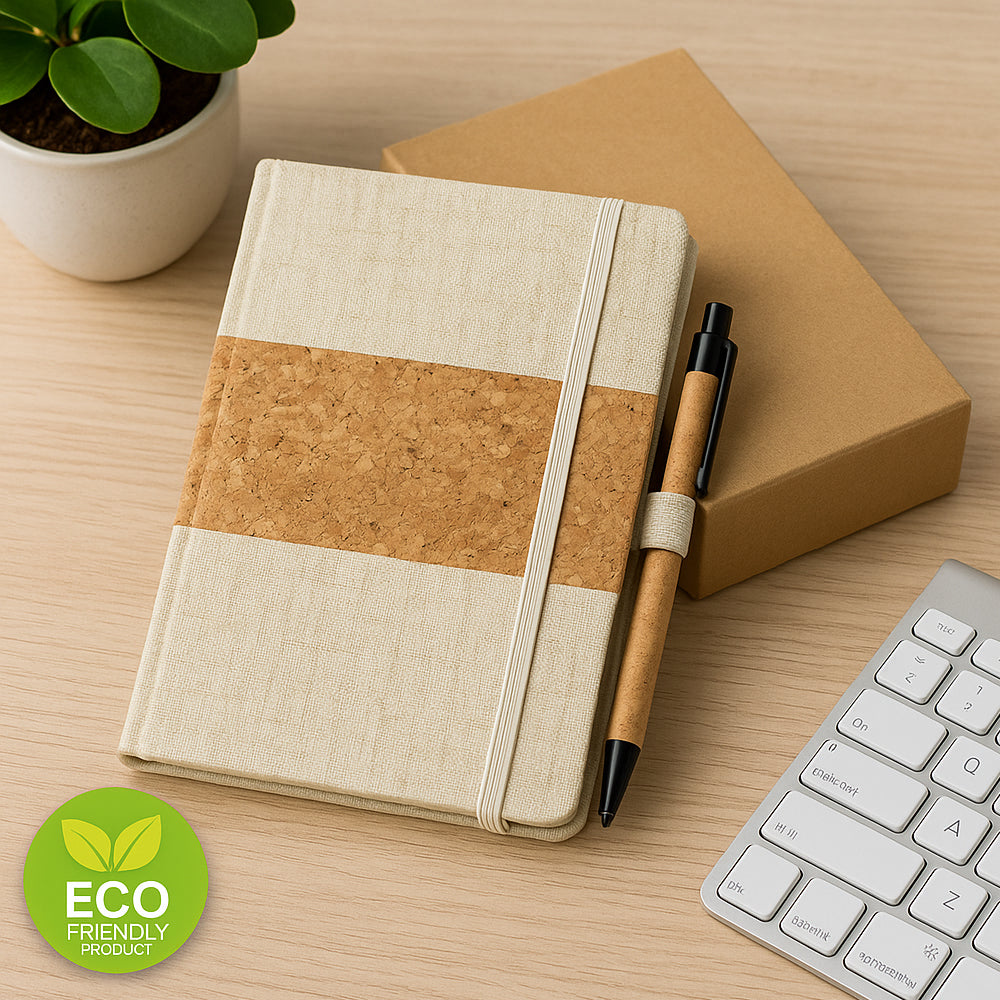 Eco-friendly cork fabric notebook with cork pen in kraft eco box – sustainable office gift