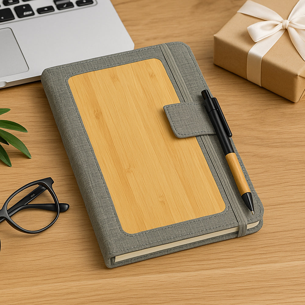 Eco-friendly bamboo notebook with recycled RPET PU cover on office desk