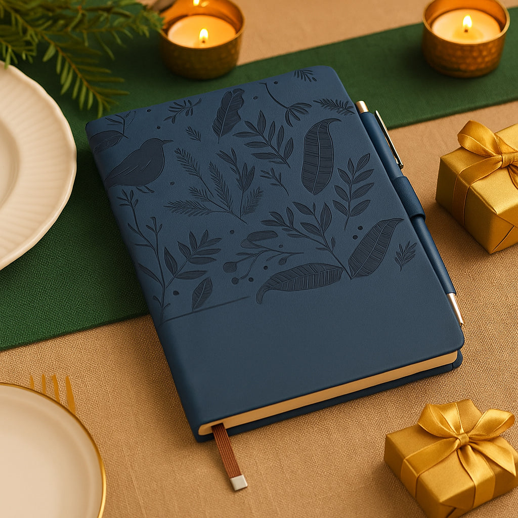 Blue Garden A5 notebook with embossed floral design and ribbon bookmark