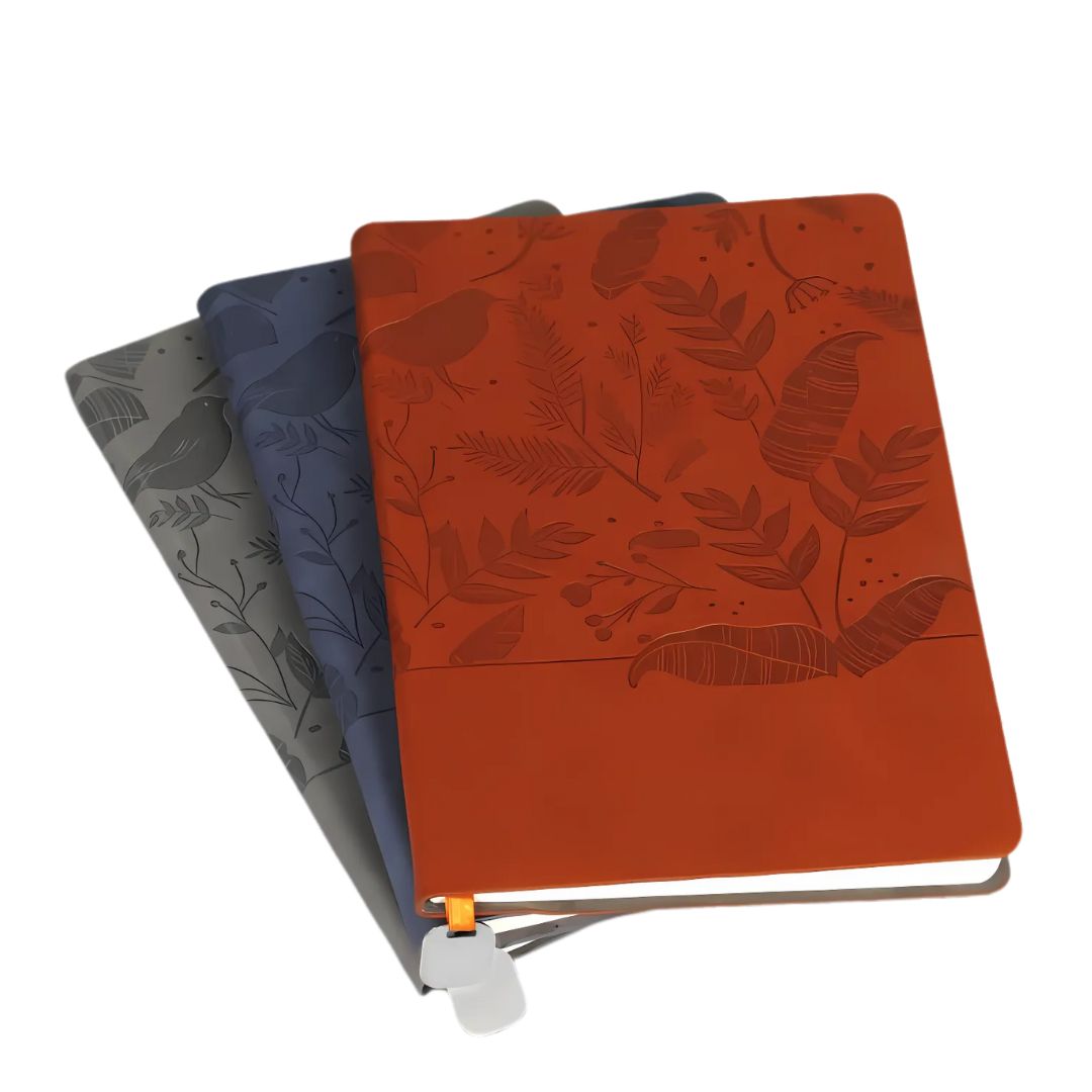Blue Garden A5 notebook with embossed floral design and ribbon bookmark