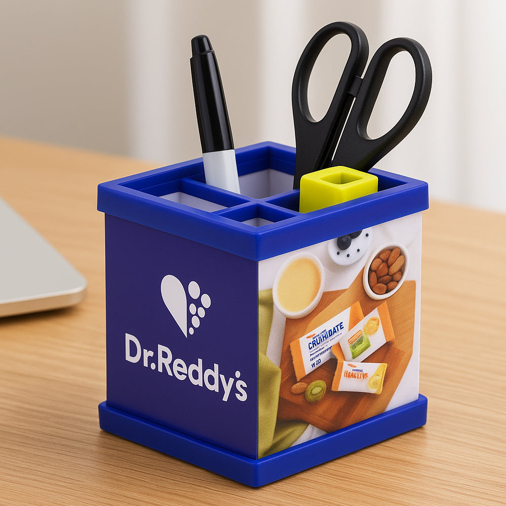 Folding customized pen stand table top with branding area – practical corporate desk gift