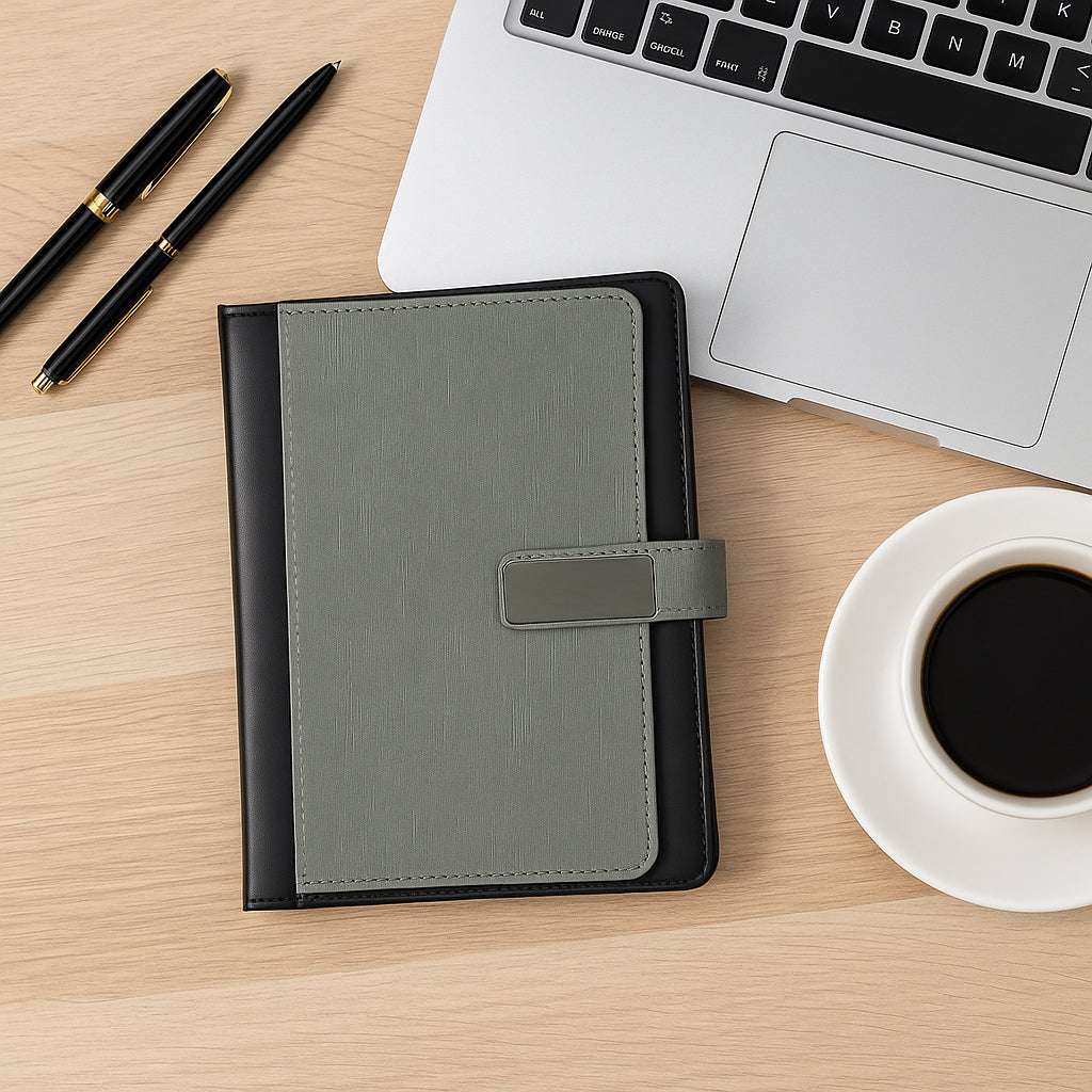 Premium PU leather organizer notebook with magnetic lock and metal plate