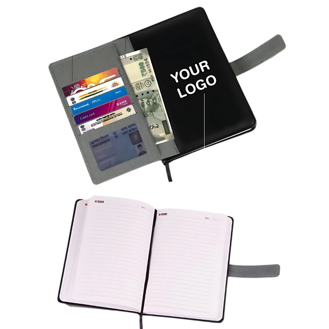Premium organizer notebook open view with card slots and storage