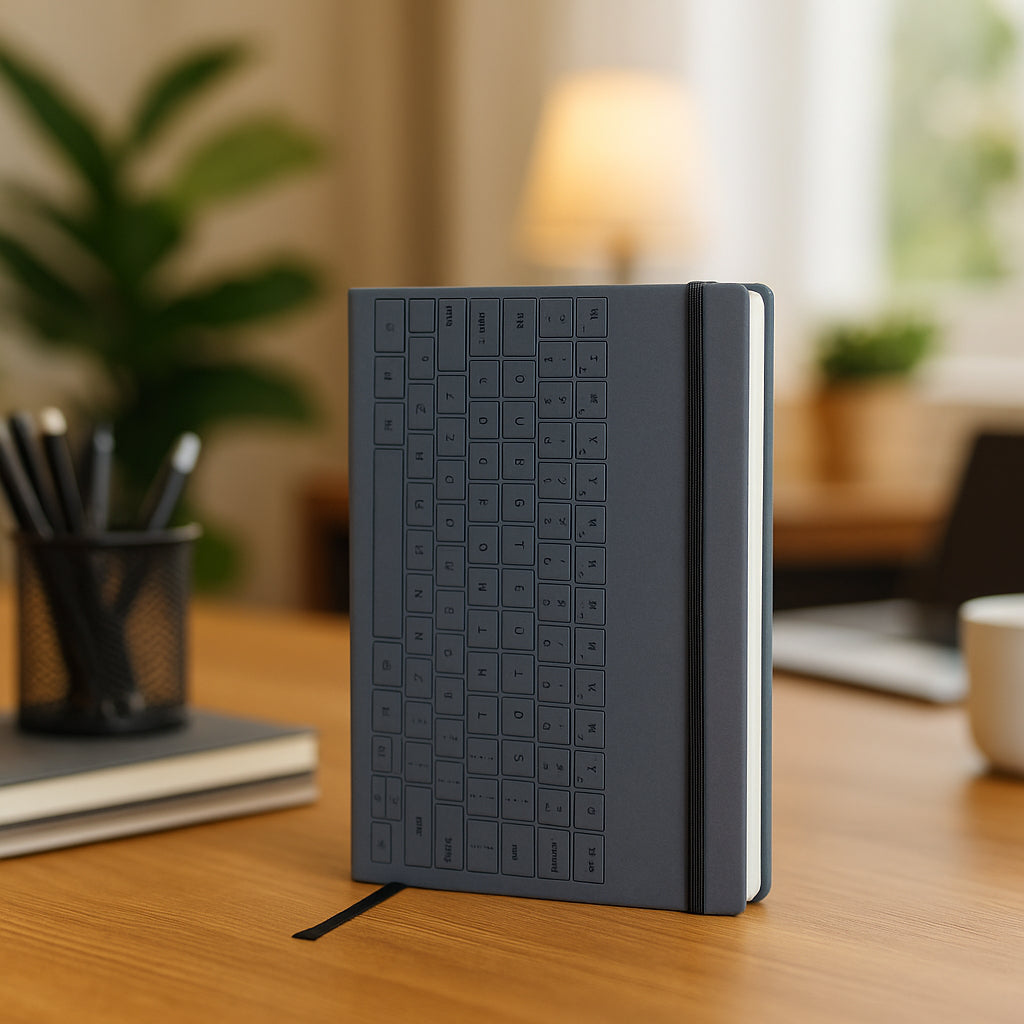 Castillo Milano notebook with hard bound blue cover and keyboard design