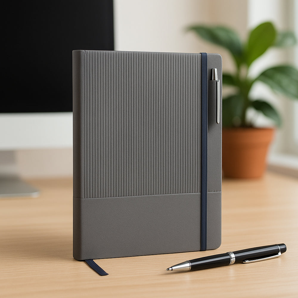 Prime soft feel PU notebook with pen slot in black, gray, blue, and white — A5 premium office diary by Castillo Milano
