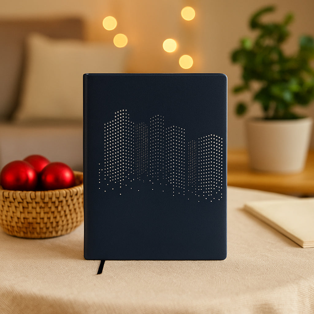 CityLife PU Notebook in navy blue with skyline design and bookmark ribbon