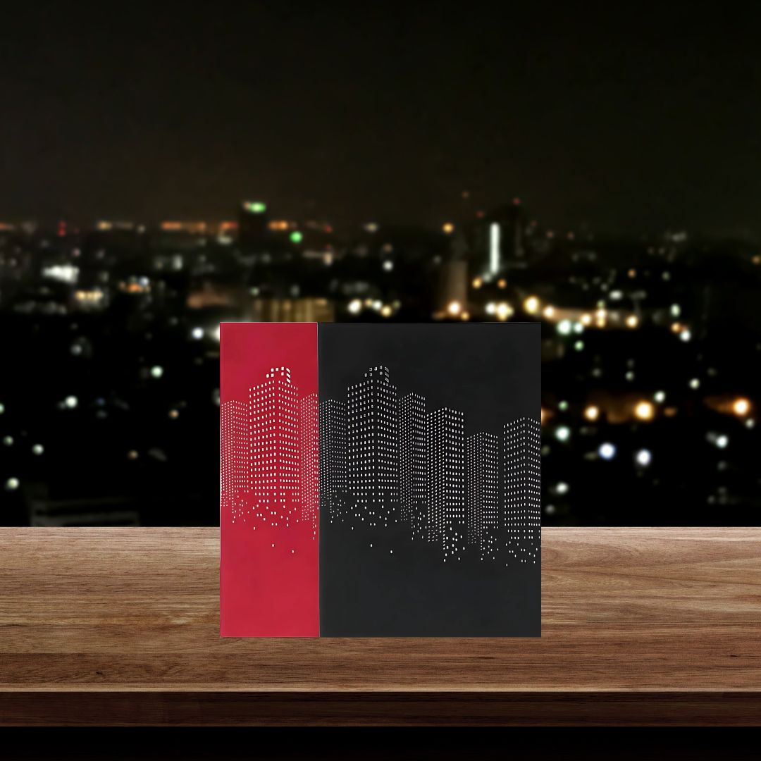CityLife PU Notebook in navy blue with skyline design and bookmark ribbon