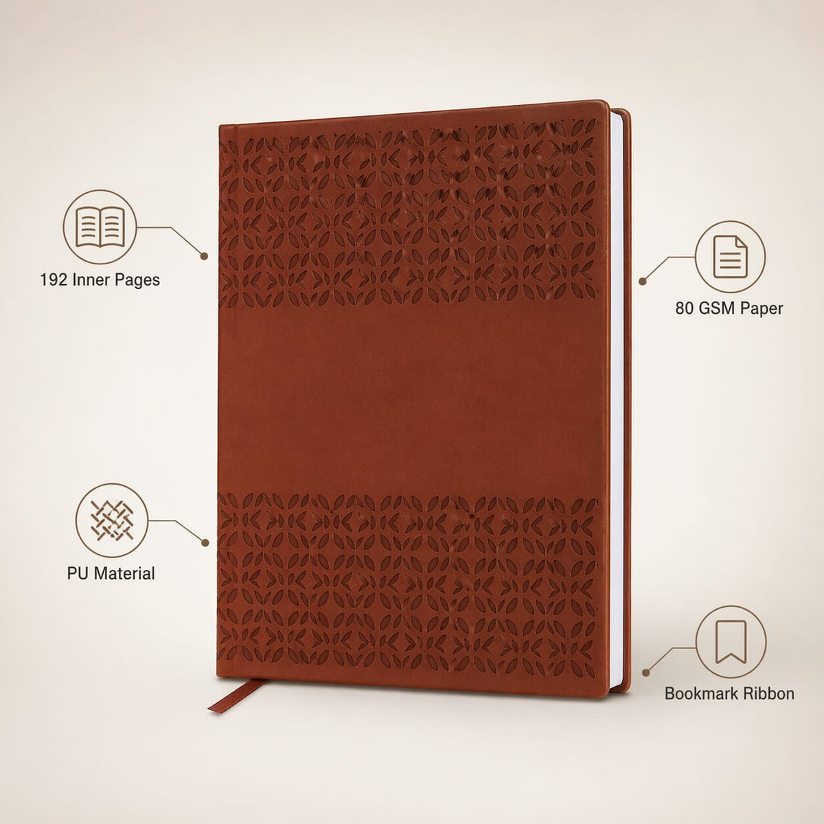 Floral PU notebook with bookmark ribbon Brown — corporate gift