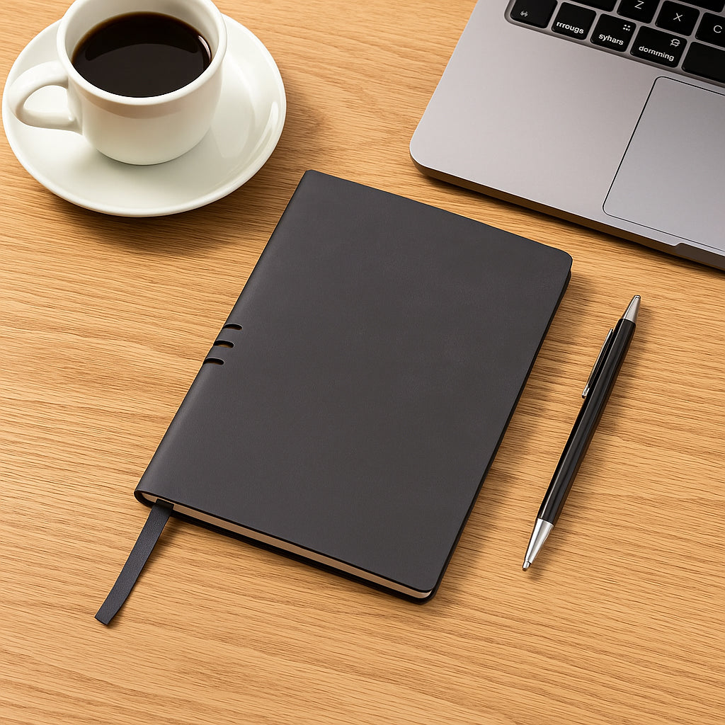 Classic grey PU notebook with pen slot and bookmark ribbon