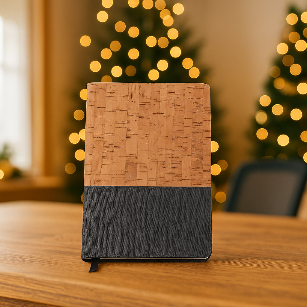 Eco-friendly cork and fabric notebook A5 on wooden table, lifestyle setting