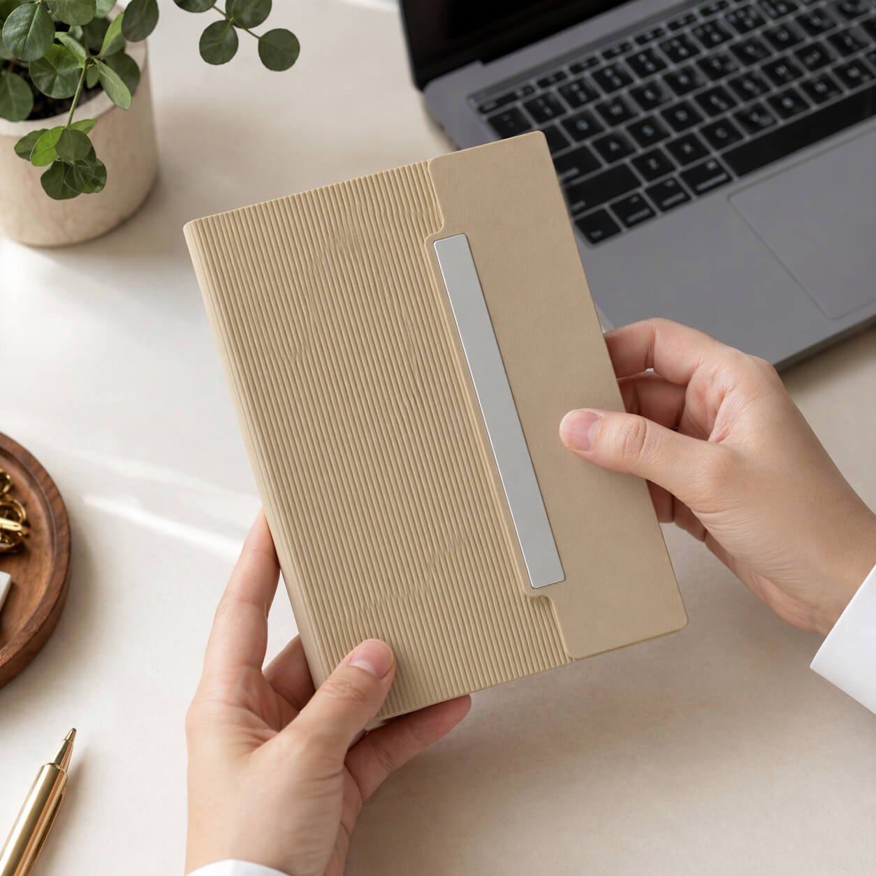FoldBook Prime: A5 Notebook with magnetic flap closure & Metal Plate Beige — corporate gift