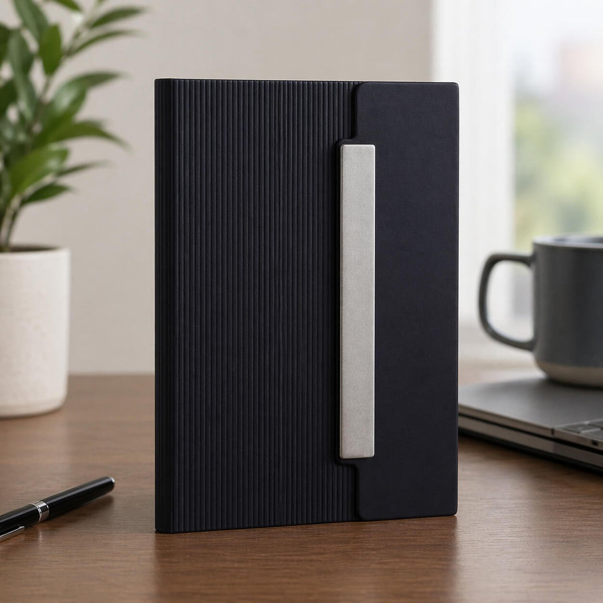 FoldBook Prime: A5 Notebook with magnetic flap closure & Metal Plate Black — corporate gift