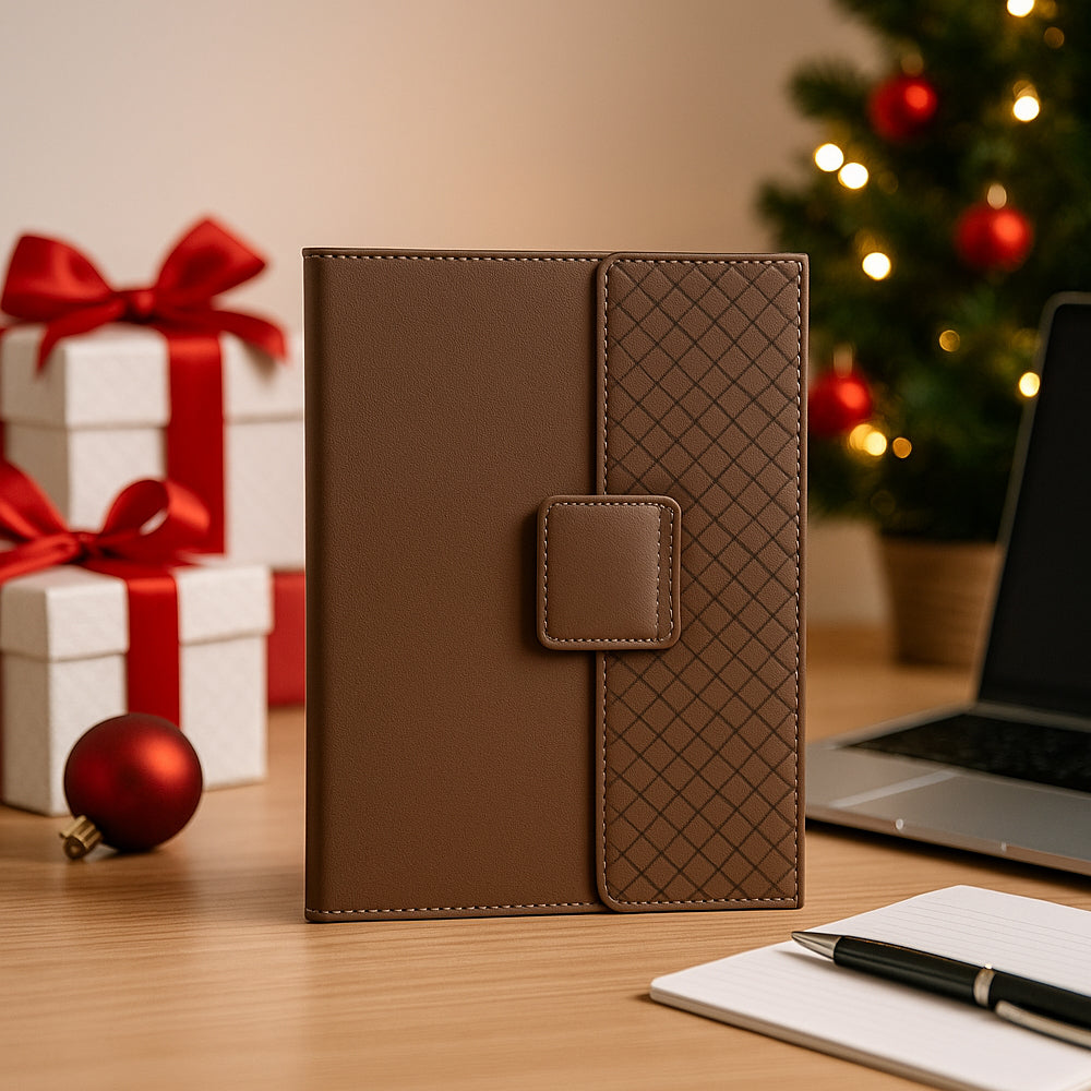 FoldBook Nook A5 notebook with magnetic flap closure, pattern design on flap, shown on office desk setup