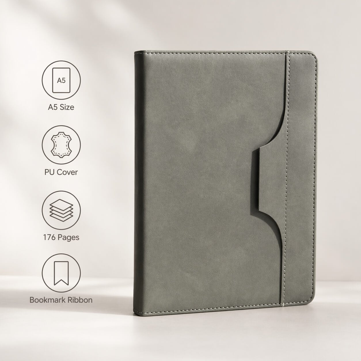 Pen Loop notebook with Vertical Stitching design and bookmark ribbon Grey — corporate gift