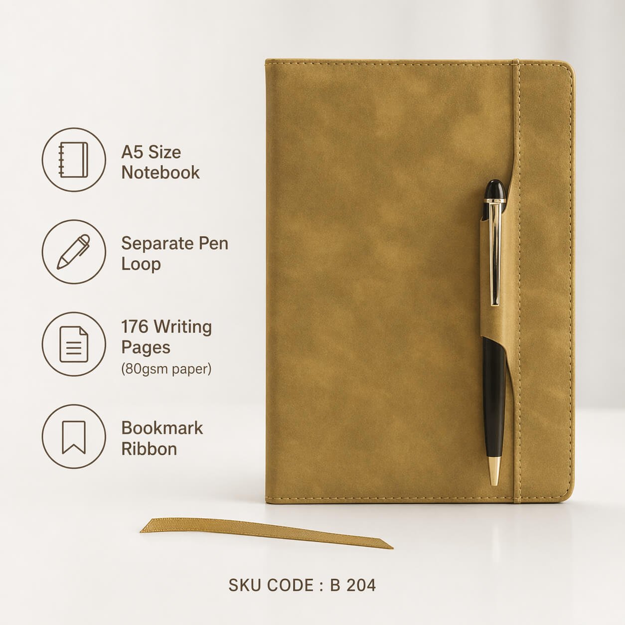Pen Loop notebook with Vertical Stitching design and bookmark ribbon Tan — corporate gift