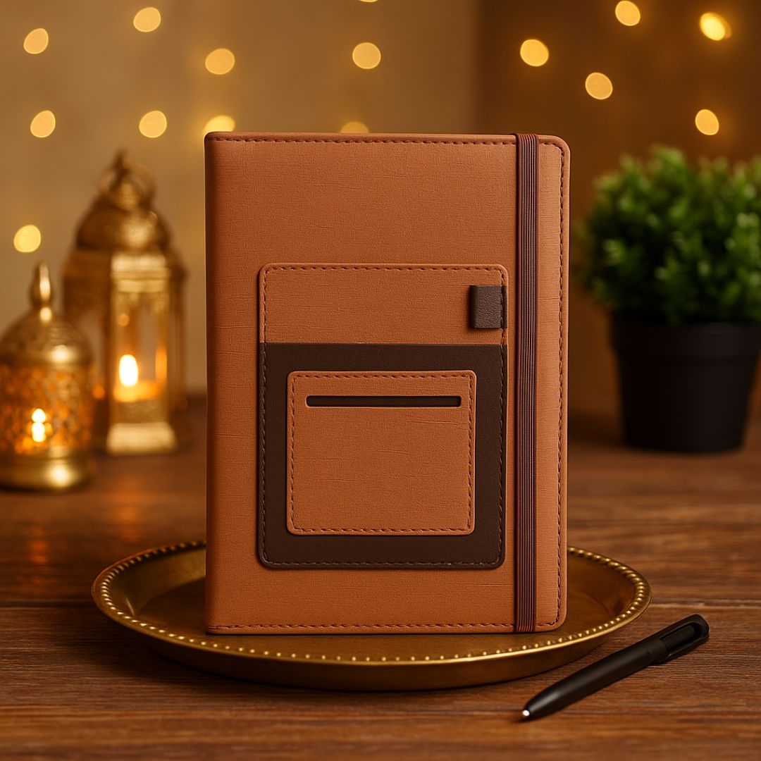 Brown textured PU A5 notebook with mobile pocket, card holder and elastic band