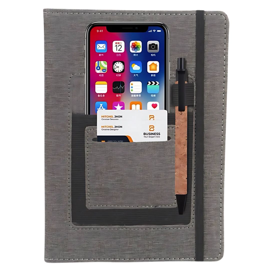 Brown textured PU A5 notebook with mobile pocket, card holder and elastic band