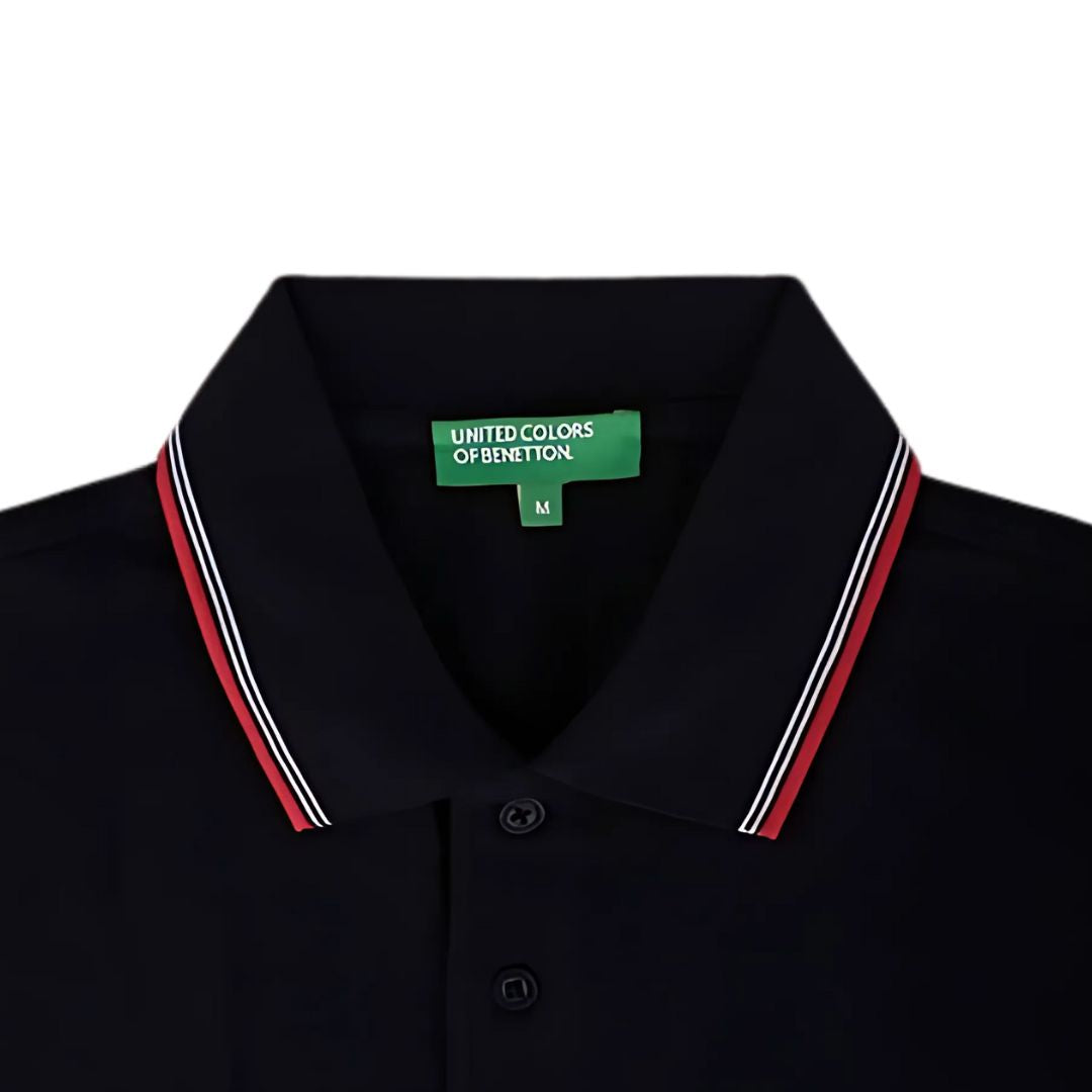 Close-up of tipping collar on black Benetton UCB polo t-shirt