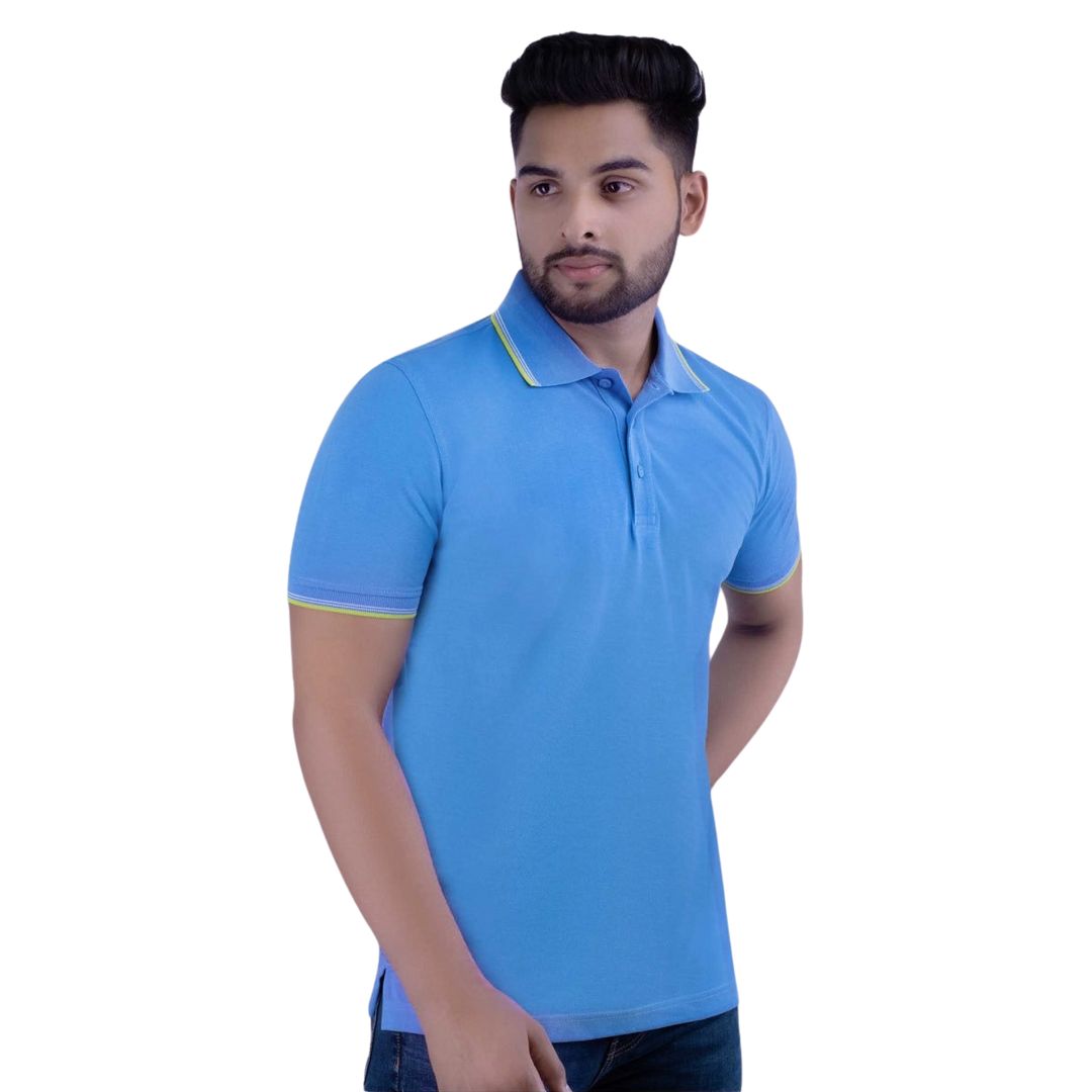 Sea blue cotton tipping polo t-shirt front view