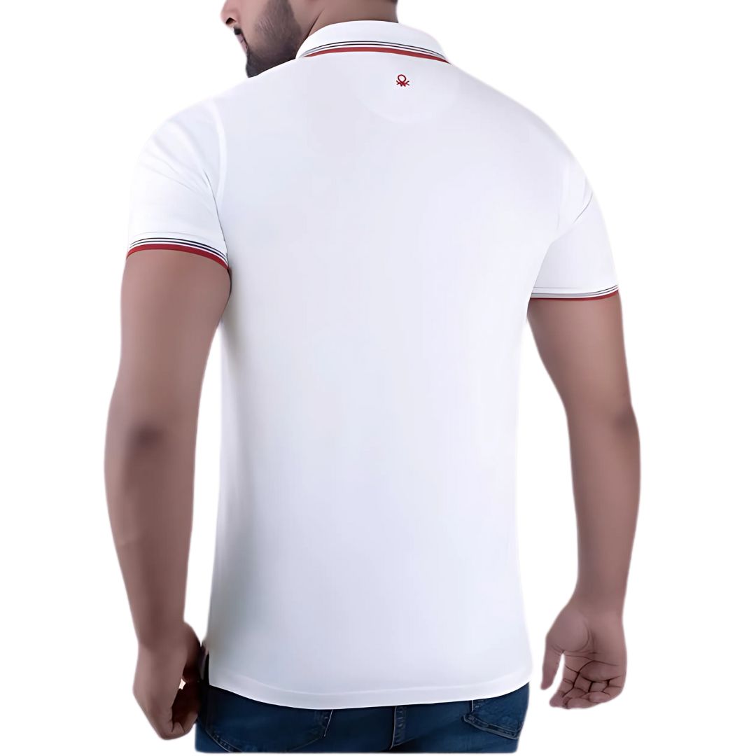 Front view of Benetton UCB white cotton tipping polo T-shirt