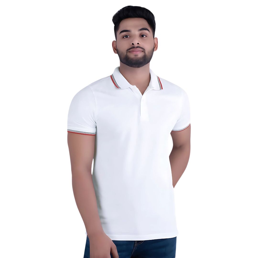 Front view of Benetton UCB white cotton tipping polo T-shirt
