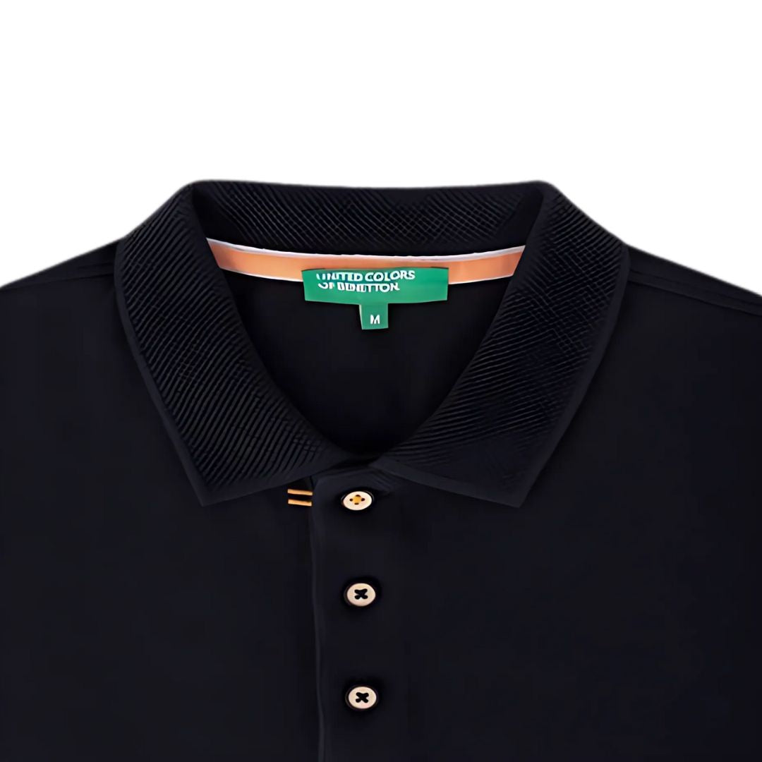 Benetton Black Polo T-Shirt with Jacquard Collar – 100% Cotton