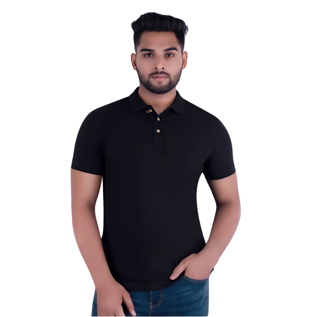 Benetton Black Polo T-Shirt with Jacquard Collar – 100% Cotton