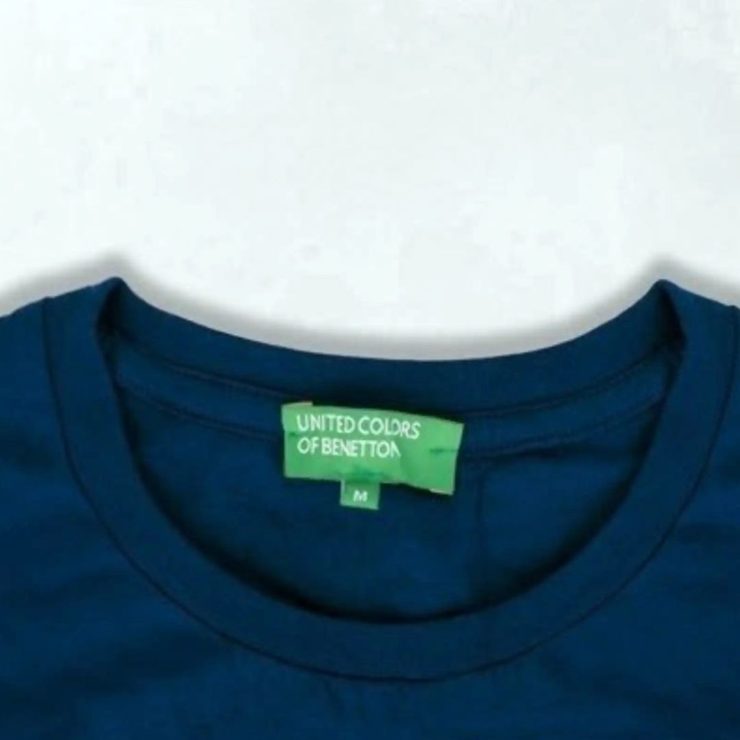 "Back view of Benetton navy blue round neck t-shirt with logo"